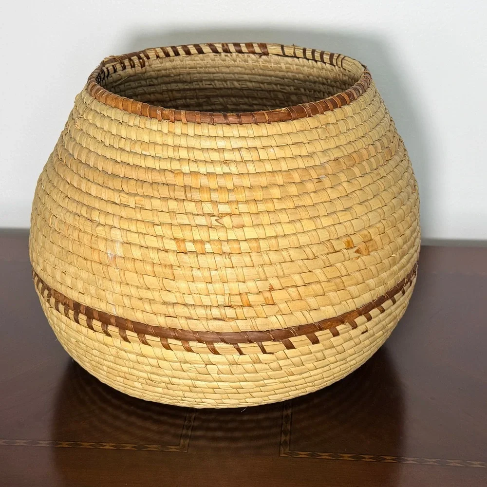 Vintage Handwoven Coil Basket Large Tan Brown Boho Decor Folk Art Size 11in Wide